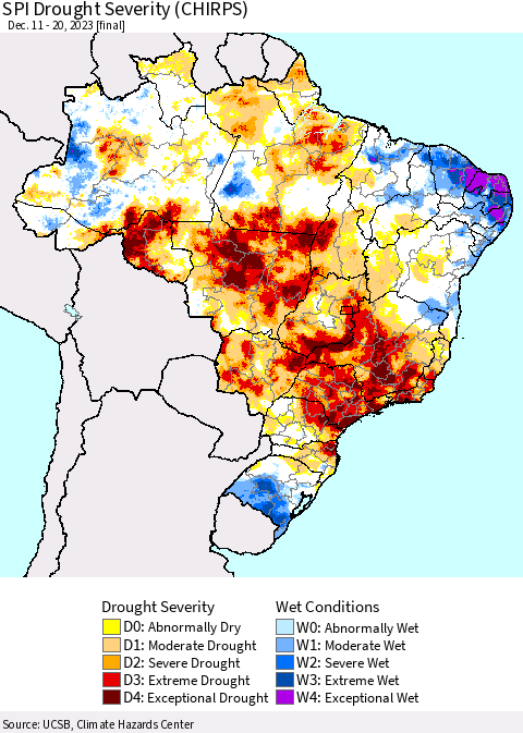Brazil SPI Drought Severity (CHIRPS) Thematic Map For 12/11/2023 - 12/20/2023