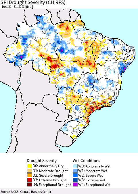 Brazil SPI Drought Severity (CHIRPS) Thematic Map For 12/21/2023 - 12/31/2023