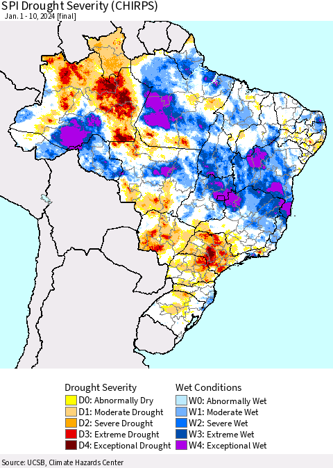 Brazil SPI Drought Severity (CHIRPS) Thematic Map For 1/1/2024 - 1/10/2024