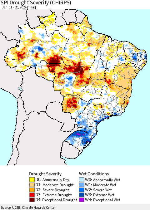 Brazil SPI Drought Severity (CHIRPS) Thematic Map For 1/11/2024 - 1/20/2024