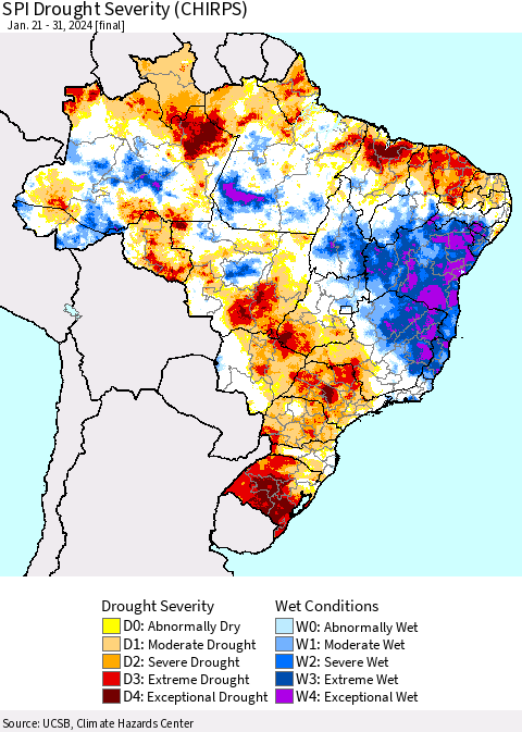Brazil SPI Drought Severity (CHIRPS) Thematic Map For 1/21/2024 - 1/31/2024