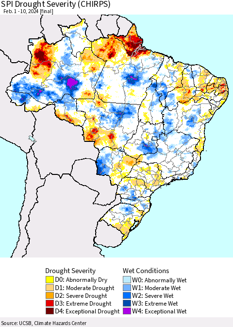 Brazil SPI Drought Severity (CHIRPS) Thematic Map For 2/1/2024 - 2/10/2024