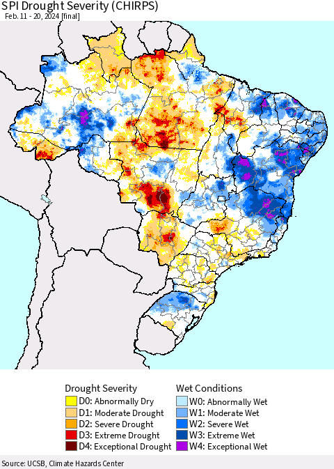 Brazil SPI Drought Severity (CHIRPS) Thematic Map For 2/11/2024 - 2/20/2024