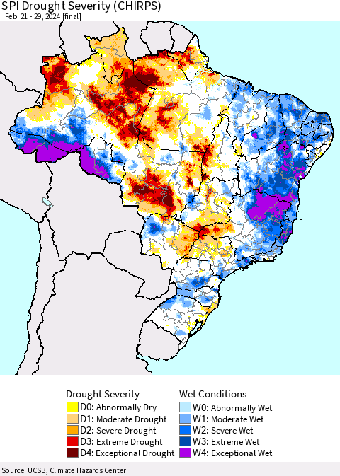 Brazil SPI Drought Severity (CHIRPS) Thematic Map For 2/21/2024 - 2/29/2024