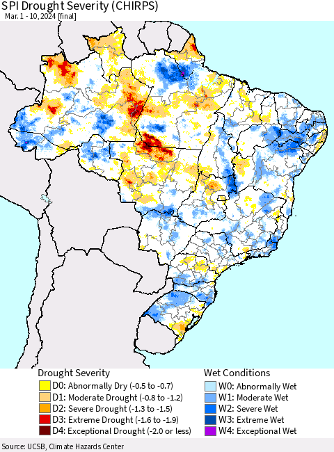 Brazil SPI Drought Severity (CHIRPS) Thematic Map For 3/1/2024 - 3/10/2024