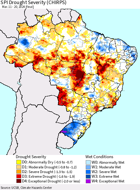 Brazil SPI Drought Severity (CHIRPS) Thematic Map For 3/11/2024 - 3/20/2024