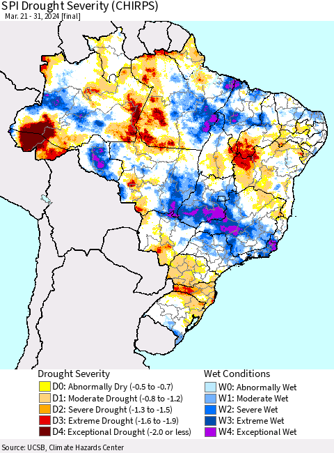 Brazil SPI Drought Severity (CHIRPS) Thematic Map For 3/21/2024 - 3/31/2024