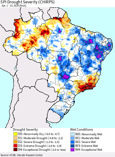 Brazil SPI Drought Severity (CHIRPS) Thematic Map For 4/1/2024 - 4/10/2024