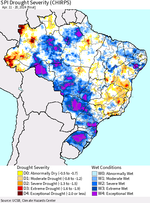 Brazil SPI Drought Severity (CHIRPS) Thematic Map For 4/11/2024 - 4/20/2024