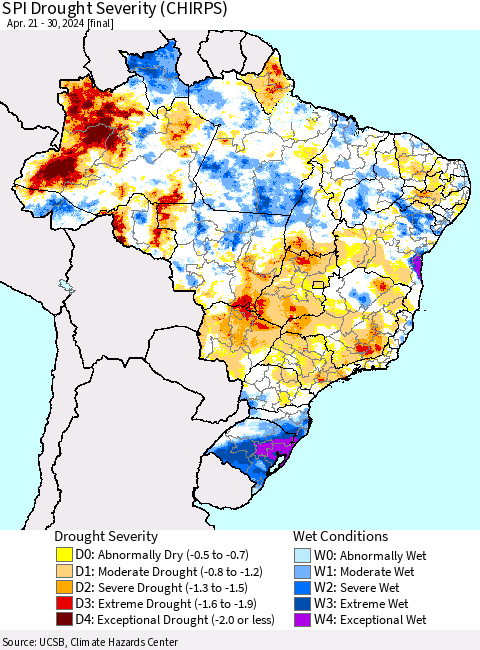 Brazil SPI Drought Severity (CHIRPS) Thematic Map For 4/21/2024 - 4/30/2024
