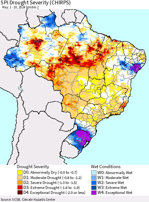 Brazil SPI Drought Severity (CHIRPS) Thematic Map For 5/1/2024 - 5/10/2024