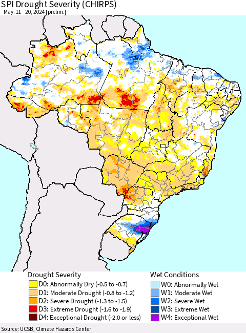 Brazil SPI Drought Severity (CHIRPS) Thematic Map For 5/11/2024 - 5/20/2024