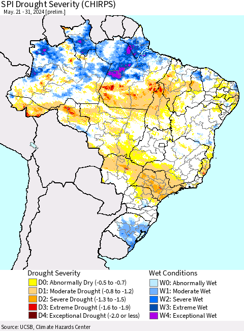 Brazil SPI Drought Severity (CHIRPS) Thematic Map For 5/21/2024 - 5/31/2024
