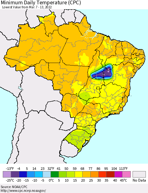 Brazil Minimum Daily Temperature (CPC) Thematic Map For 3/7/2022 - 3/13/2022