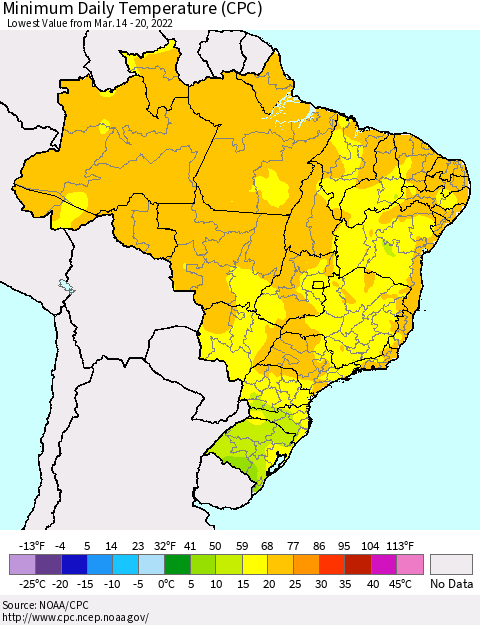 Brazil Minimum Daily Temperature (CPC) Thematic Map For 3/14/2022 - 3/20/2022