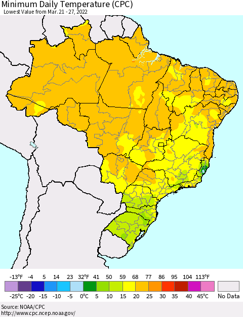 Brazil Minimum Daily Temperature (CPC) Thematic Map For 3/21/2022 - 3/27/2022