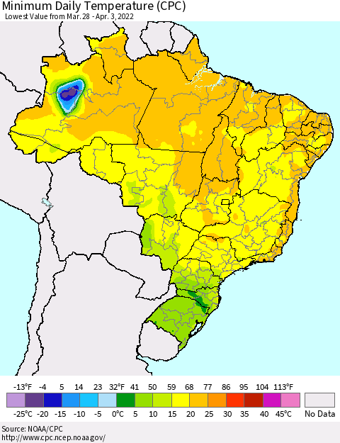 Brazil Minimum Daily Temperature (CPC) Thematic Map For 3/28/2022 - 4/3/2022