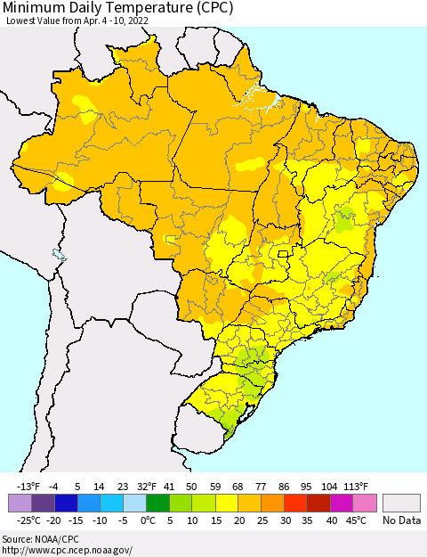 Brazil Minimum Daily Temperature (CPC) Thematic Map For 4/4/2022 - 4/10/2022