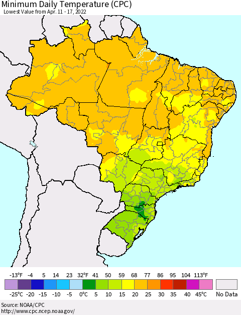 Brazil Minimum Daily Temperature (CPC) Thematic Map For 4/11/2022 - 4/17/2022