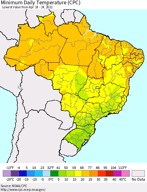 Brazil Minimum Daily Temperature (CPC) Thematic Map For 4/18/2022 - 4/24/2022