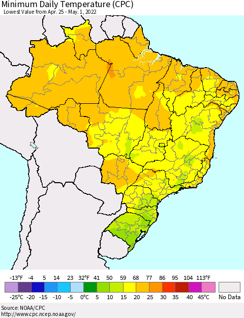 Brazil Minimum Daily Temperature (CPC) Thematic Map For 4/25/2022 - 5/1/2022