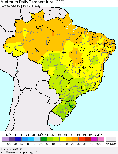 Brazil Minimum Daily Temperature (CPC) Thematic Map For 5/2/2022 - 5/8/2022