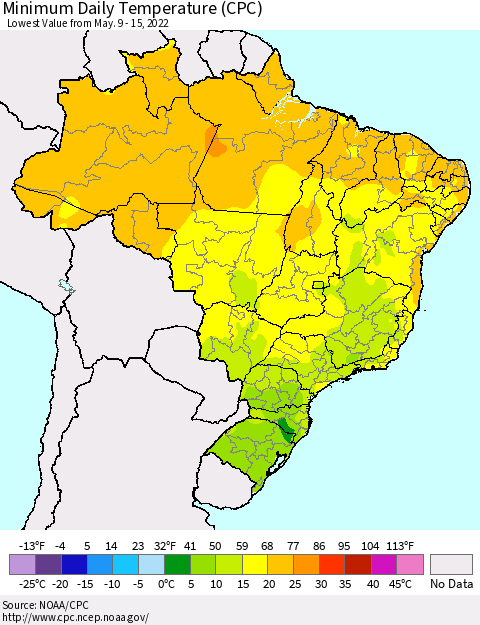 Brazil Minimum Daily Temperature (CPC) Thematic Map For 5/9/2022 - 5/15/2022