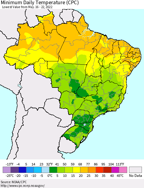 Brazil Minimum Daily Temperature (CPC) Thematic Map For 5/16/2022 - 5/22/2022