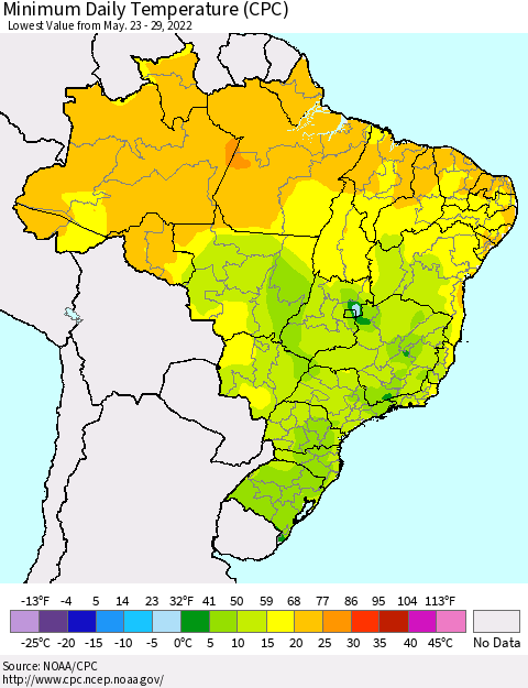 Brazil Minimum Daily Temperature (CPC) Thematic Map For 5/23/2022 - 5/29/2022