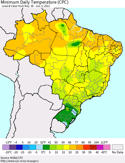 Brazil Minimum Daily Temperature (CPC) Thematic Map For 5/30/2022 - 6/5/2022