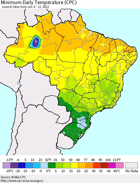 Brazil Minimum Daily Temperature (CPC) Thematic Map For 6/6/2022 - 6/12/2022