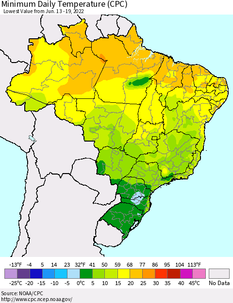 Brazil Minimum Daily Temperature (CPC) Thematic Map For 6/13/2022 - 6/19/2022