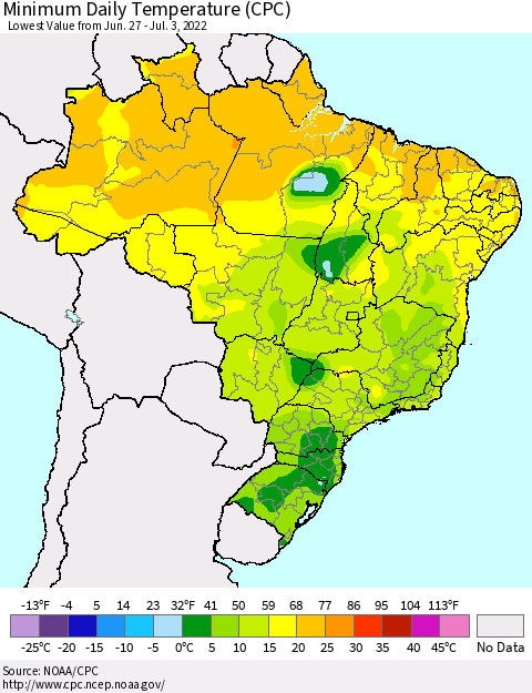 Brazil Minimum Daily Temperature (CPC) Thematic Map For 6/27/2022 - 7/3/2022