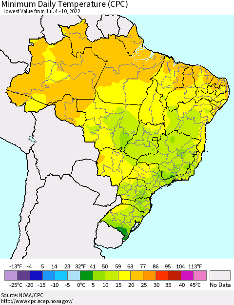 Brazil Minimum Daily Temperature (CPC) Thematic Map For 7/4/2022 - 7/10/2022