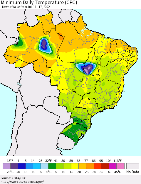 Brazil Minimum Daily Temperature (CPC) Thematic Map For 7/11/2022 - 7/17/2022