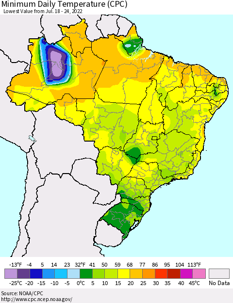 Brazil Minimum Daily Temperature (CPC) Thematic Map For 7/18/2022 - 7/24/2022