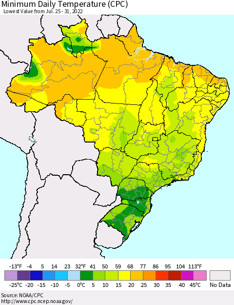 Brazil Minimum Daily Temperature (CPC) Thematic Map For 7/25/2022 - 7/31/2022