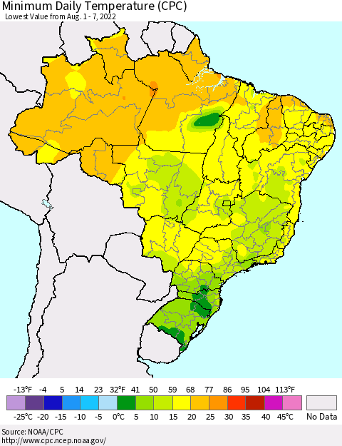 Brazil Minimum Daily Temperature (CPC) Thematic Map For 8/1/2022 - 8/7/2022