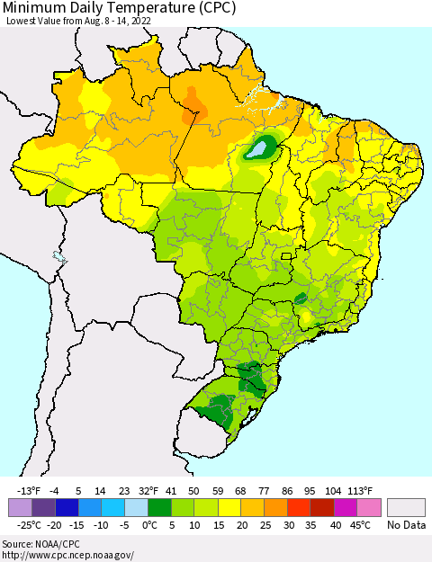 Brazil Minimum Daily Temperature (CPC) Thematic Map For 8/8/2022 - 8/14/2022