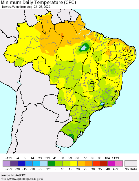 Brazil Minimum Daily Temperature (CPC) Thematic Map For 8/22/2022 - 8/28/2022