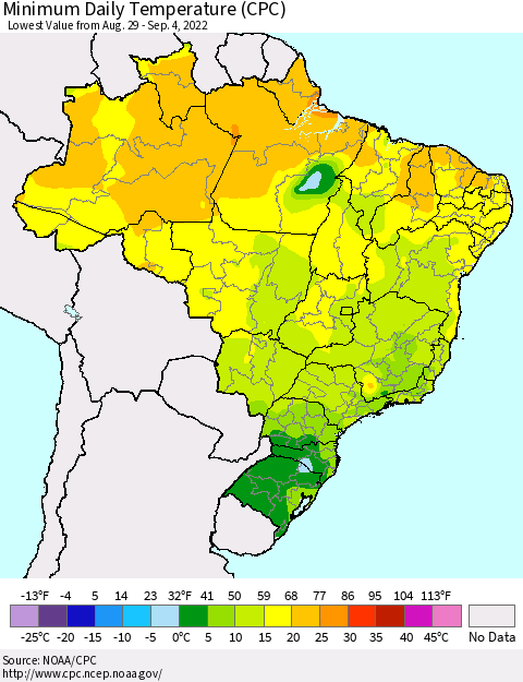 Brazil Minimum Daily Temperature (CPC) Thematic Map For 8/29/2022 - 9/4/2022
