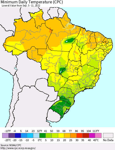 Brazil Minimum Daily Temperature (CPC) Thematic Map For 9/5/2022 - 9/11/2022