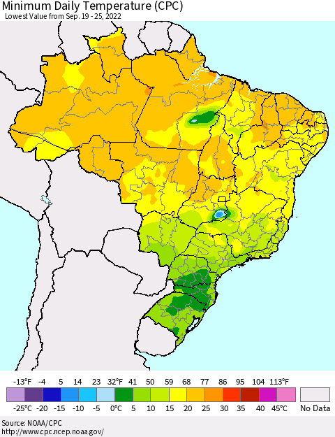 Brazil Minimum Daily Temperature (CPC) Thematic Map For 9/19/2022 - 9/25/2022