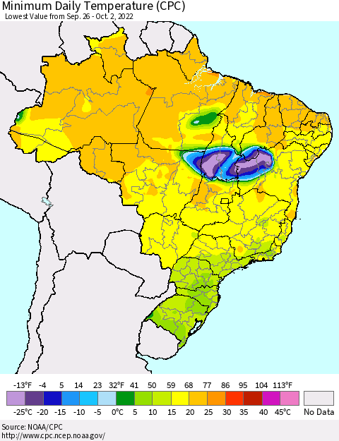 Brazil Minimum Daily Temperature (CPC) Thematic Map For 9/26/2022 - 10/2/2022