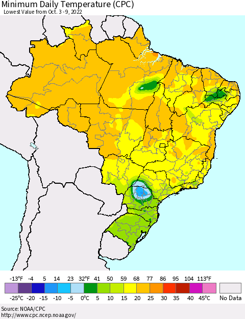 Brazil Minimum Daily Temperature (CPC) Thematic Map For 10/3/2022 - 10/9/2022