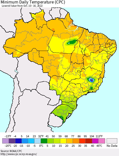 Brazil Minimum Daily Temperature (CPC) Thematic Map For 10/10/2022 - 10/16/2022