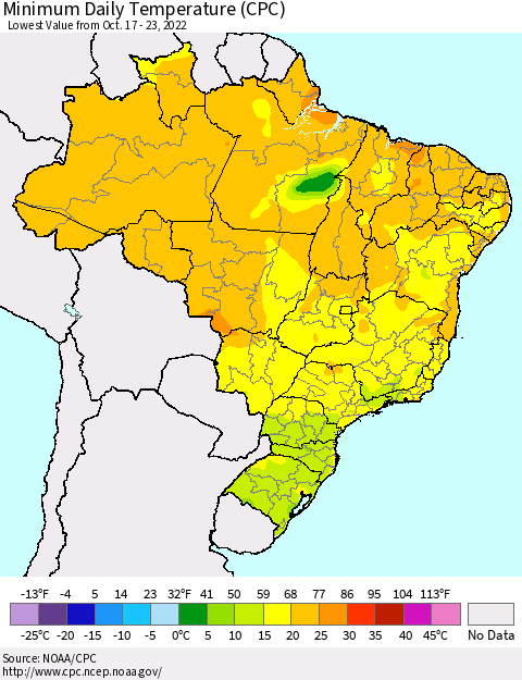 Brazil Minimum Daily Temperature (CPC) Thematic Map For 10/17/2022 - 10/23/2022