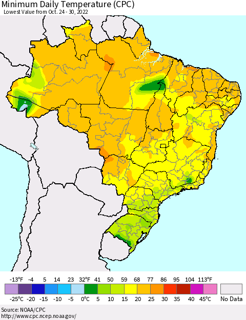 Brazil Minimum Daily Temperature (CPC) Thematic Map For 10/24/2022 - 10/30/2022