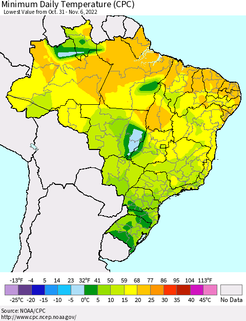Brazil Minimum Daily Temperature (CPC) Thematic Map For 10/31/2022 - 11/6/2022