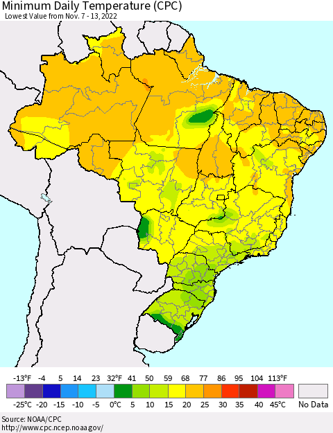 Brazil Minimum Daily Temperature (CPC) Thematic Map For 11/7/2022 - 11/13/2022
